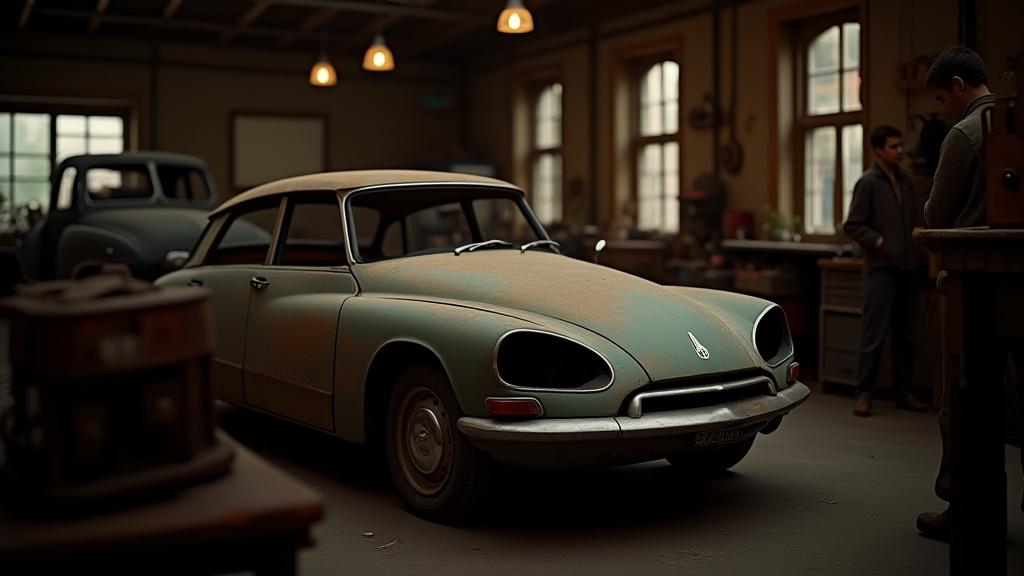 Restauration de voiture classique dans atelier spécialisé